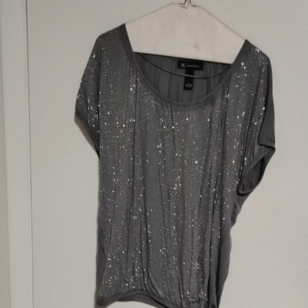 Gray Sequin Scoop Neck Flutter Sleeve Top